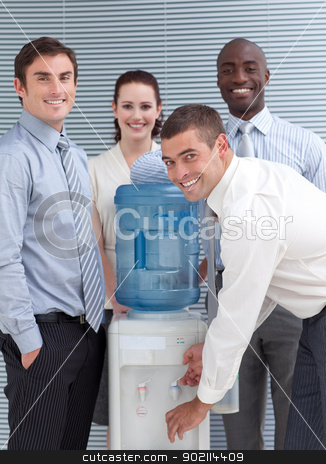 To use this stock image in your creative project, please select the size you need over to the right and click the "Add to Cart" button.
Your downloaded image will come with the Cutcaster watermark removed so don’t worry about the watermark you see on this page. Busines people standing around water cooler stock photo, Busines people standing around water cooler in workplace by Wavebreak Media