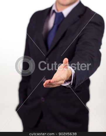 To use this stock image in your creative project, please select the size you need over to the right and click the "Add to Cart" button.
Your downloaded image will come with the Cutcaster watermark removed so don’t worry about the watermark you see on this page. businessman showing a handshake to the camera stock photo, Businessman introducing himself in a positive manner by Wavebreak Media