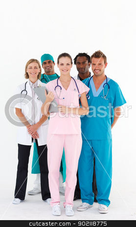 To use this stock image in your creative project, please select the size you need over to the right and click the "Add to Cart" button.
Your downloaded image will come with the Cutcaster watermark removed so don’t worry about the watermark you see on this page. Team of doctors smiling at the camera stock photo, Standing team of doctors smiling at the camera by Wavebreak Media