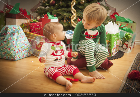 To use this stock image in your creative project, please select the size you need over to the right and click the "Add to Cart" button.
Your downloaded image will come with the Cutcaster watermark removed so don’t worry about the watermark you see on this page. Baby and Young Boy Enjoying Christmas Morning Near The Tree stock photo, Cute Infant Baby and Young Boy Enjoying Christmas Morning Near The Tree. by Andy Dean