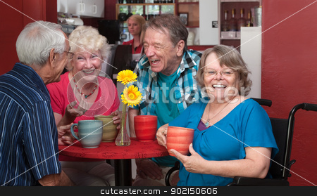 To use this stock image in your creative project, please select the size you need over to the right and click the "Add to Cart" button.
Your downloaded image will come with the Cutcaster watermark removed so don’t worry about the watermark you see on this page. Laughing Lady in Wheelchair stock photo, Laughing senior woman in wheelchair with friends in bistro by Scott Griessel