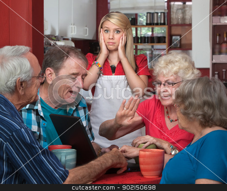 To use this stock image in your creative project, please select the size you need over to the right and click the "Add to Cart" button.
Your downloaded image will come with the Cutcaster watermark removed so don’t worry about the watermark you see on this page. Young Waitress and Arguing Seniors stock photo, Stressed out waitress and bickering senior adults in a cafe
by Scott Griessel
