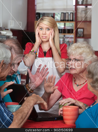 To use this stock image in your creative project, please select the size you need over to the right and click the "Add to Cart" button.
Your downloaded image will come with the Cutcaster watermark removed so don’t worry about the watermark you see on this page. Bickering Seniors and Young Waitress stock photo, Bickering senior adults and young waitress in a cafe
by Scott Griessel