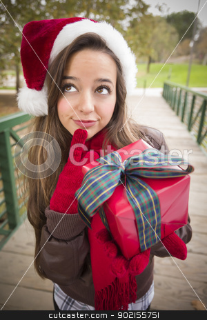 To use this stock image in your creative project, please select the size you need over to the right and click the "Add to Cart" button.
Your downloaded image will come with the Cutcaster watermark removed so don’t worry about the watermark you see on this page. Pretty Woman Wearing a Santa Hat with Wrapped Gift stock photo, Pretty Festive Smiling Woman Wearing a Christmas Santa Hat with Wrapped Gift and Bow Outside. by Andy Dean
