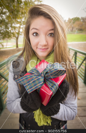 To use this stock image in your creative project, please select the size you need over to the right and click the "Add to Cart" button.
Your downloaded image will come with the Cutcaster watermark removed so don’t worry about the watermark you see on this page. Pretty Woman with Wrapped Gift with Bow Outside stock photo, Pretty Festive Smiling Woman with Wrapped Gift with Bow Outside. by Andy Dean
