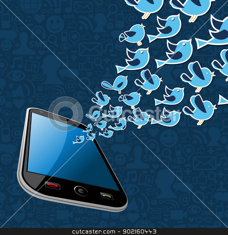 To use this stock image in your creative project, please select the size you need over to the right and click the "Add to Cart" button.
Your downloaded image will come with the Cutcaster watermark removed so don’t worry about the watermark you see on this page. Twitter birds splash out smartphone application stock vector clipart, Social media mobile network connection concept. Vector illustration layered for easy manipulation and custom coloring. by Cienpies Design