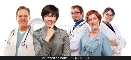 To use this stock image in your creative project, please select the size you need over to the right and click the "Add to Cart" button.
Your downloaded image will come with the Cutcaster watermark removed so don’t worry about the watermark you see on this page. Young Mixed Race Woman with Doctors and Nurses Behind stock photo, Young Mixed Race Woman with Doctors and Nurses Behind Isolated on a White Background. by Andy Dean