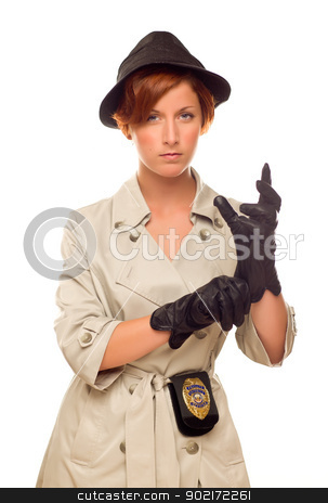 To use this stock image in your creative project, please select the size you need over to the right and click the "Add to Cart" button.
Your downloaded image will come with the Cutcaster watermark removed so don’t worry about the watermark you see on this page. Female Detective With Badge and Gloves In Trench Coat on White stock photo, Attractive Female Detective With Badge and Leather Gloves In Trench Coat Isolated on a White Background. by Andy Dean