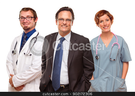 To use this stock image in your creative project, please select the size you need over to the right and click the "Add to Cart" button.
Your downloaded image will come with the Cutcaster watermark removed so don’t worry about the watermark you see on this page. Smiling Businessman with Doctors and Nurses stock photo, Smiling Businessman with Male and Female Doctors or Nurses Isolated on a White Background. by Andy Dean