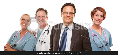 To use this stock image in your creative project, please select the size you need over to the right and click the "Add to Cart" button.
Your downloaded image will come with the Cutcaster watermark removed so don’t worry about the watermark you see on this page. Smiling Businessman with Doctors and Nurses stock photo, Smiling Businessman with Male and Female Doctors or Nurses Isolated on a White Background. by Andy Dean
