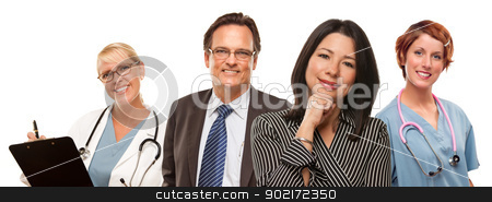 To use this stock image in your creative project, please select the size you need over to the right and click the "Add to Cart" button.
Your downloaded image will come with the Cutcaster watermark removed so don’t worry about the watermark you see on this page. Hispanic Woman with Businessman and Male Doctors or Nurses stock photo, Attractive Hispanic Woman with Businessman and Male Doctors or Nurses Isolated on a White Background. by Andy Dean