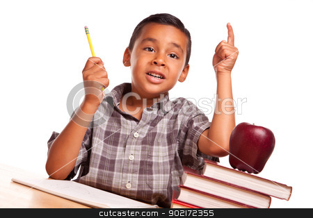 To use this stock image in your creative project, please select the size you need over to the right and click the "Add to Cart" button.
Your downloaded image will come with the Cutcaster watermark removed so don’t worry about the watermark you see on this page. Hispanic Boy Raising His Hand, Books, Apple, Pencil and Paper stock photo, Adorable Hispanic Boy Raising His Hand Sitting with Books, Apple, Pencil and Paper Isolated on a White Background. by Andy Dean