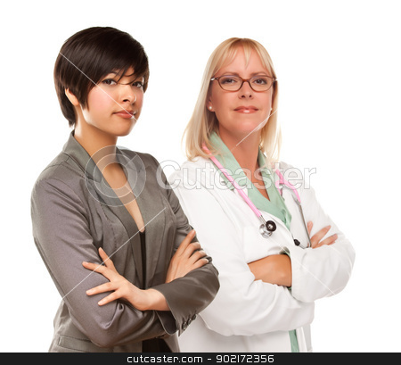 To use this stock image in your creative project, please select the size you need over to the right and click the "Add to Cart" button.
Your downloaded image will come with the Cutcaster watermark removed so don’t worry about the watermark you see on this page. Young Mixed Race Woman with Female Doctor or Nurse on White stock photo, Attractive Young Multiethnic Woman with Female Doctor or Nurse Isolated on a White Background. by Andy Dean