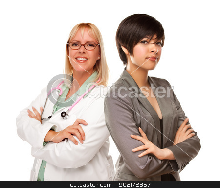 To use this stock image in your creative project, please select the size you need over to the right and click the "Add to Cart" button.
Your downloaded image will come with the Cutcaster watermark removed so don’t worry about the watermark you see on this page. Young Mixed Race Woman with Female Doctor or Nurse on White stock photo, Attractive Young Multiethnic Woman with Female Doctor or Nurse Isolated on a White Background. by Andy Dean