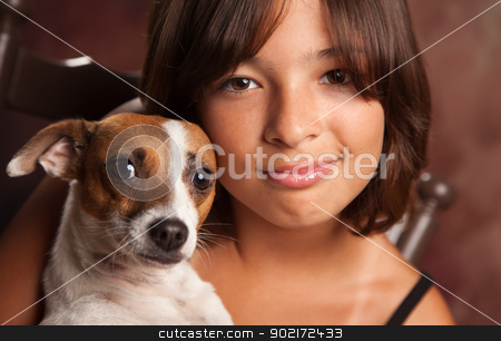 To use this stock image in your creative project, please select the size you need over to the right and click the "Add to Cart" button.
Your downloaded image will come with the Cutcaster watermark removed so don’t worry about the watermark you see on this page. Pretty Hispanic Girl and Her Puppy Studio Portrait stock photo, Pretty Hispanic Girl and Her Jack Russell Terrier Puppy Studio Portrait. by Andy Dean