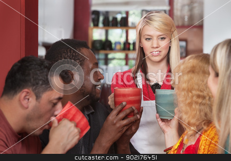 To use this stock image in your creative project, please select the size you need over to the right and click the "Add to Cart" button.
Your downloaded image will come with the Cutcaster watermark removed so don’t worry about the watermark you see on this page. Attendant Bringing Coffee Mugs stock photo, Diverse group of customers with mugs and restaurant attendant by Scott Griessel