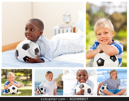 To use this stock image in your creative project, please select the size you need over to the right and click the "Add to Cart" button.
Your downloaded image will come with the Cutcaster watermark removed so don’t worry about the watermark you see on this page. Collage of several boys with footballs stock photo, Collage of several boys with footballs by Wavebreak Media