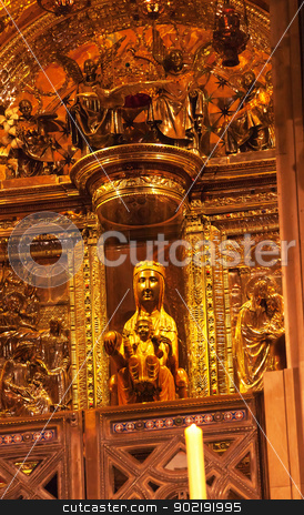 To use this stock image in your creative project, please select the size you need over to the right and click the "Add to Cart" button.
Your downloaded image will come with the Cutcaster watermark removed so don’t worry about the watermark you see on this page. Black Madonna La Moreneta Monestir Monastery Montserrat Spain stock photo, Black Madonna Basilica Inside Monestir Monastery of Montserrat, Barcelona, Catolonia, Spain. Patroness of Catalonia, Carbon Dated to the12th Century Founded in the 9th Century, destroyed in 1811 when French invaded Spain. Rebuilt in 1844 and now a Benedictine Monastery. Placa de Santa Maria by William Perry