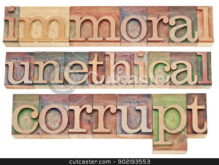 To use this stock image in your creative project, please select the size you need over to the right and click the "Add to Cart" button.
Your downloaded image will come with the Cutcaster watermark removed so don’t worry about the watermark you see on this page. immoral, unethical, corrupt stock photo, immoral, unethical, corrupt - ethics concept - a collage of isolated words in vintage letterpress wood type blocks by Marek Uliasz