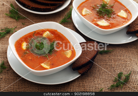 To use this stock image in your creative project, please select the size you need over to the right and click the "Add to Cart" button.
Your downloaded image will come with the Cutcaster watermark removed so don’t worry about the watermark you see on this page. Image of bowls of hot red soup served with bread stock photo, Image of bowls of hot red soup served with bread on a beige tablecloth by yekostock
