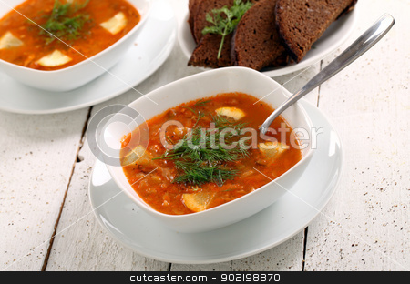 To use this stock image in your creative project, please select the size you need over to the right and click the "Add to Cart" button.
Your downloaded image will come with the Cutcaster watermark removed so don’t worry about the watermark you see on this page. Image of bowl of hot red soup and black bread stock photo, Image of bowl of hot red soup and black bread on white wooden table by yekostock