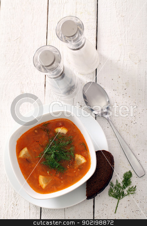 To use this stock image in your creative project, please select the size you need over to the right and click the "Add to Cart" button.
Your downloaded image will come with the Cutcaster watermark removed so don’t worry about the watermark you see on this page. Bowl of red soup served with bread on table stock photo, Image of bowl of hot red soup served with bead, pepper, salt and spoon on white wooden table by yekostock