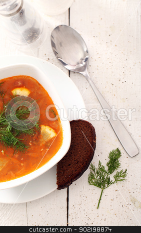 To use this stock image in your creative project, please select the size you need over to the right and click the "Add to Cart" button.
Your downloaded image will come with the Cutcaster watermark removed so don’t worry about the watermark you see on this page. Image of bowl of hot red soup on wooden table stock photo, Image of bowl of hot red soup served with bead, pepper, salt and spoon on white wooden table by yekostock