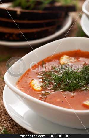 To use this stock image in your creative project, please select the size you need over to the right and click the "Add to Cart" button.
Your downloaded image will come with the Cutcaster watermark removed so don’t worry about the watermark you see on this page. Soup served with bread on a beige tablecloth stock photo, Image of bowls of hot red soup served with bread on a beige tablecloth by yekostock