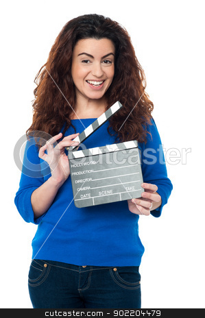 To use this stock image in your creative project, please select the size you need over to the right and click the "Add to Cart" button.
Your downloaded image will come with the Cutcaster watermark removed so don’t worry about the watermark you see on this page. Cute woman in blue attire holding clapperboard stock photo, Charming woman posing with clapperboard in hands. All on white background. by Ishay Botbol