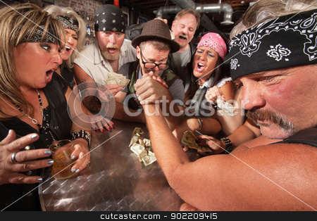 To use this stock image in your creative project, please select the size you need over to the right and click the "Add to Cart" button.
Your downloaded image will come with the Cutcaster watermark removed so don’t worry about the watermark you see on this page. Nerd and Gang Arm Wrestling stock photo, Motorcycle gang members arm wrestling with a nerd
by Scott Griessel