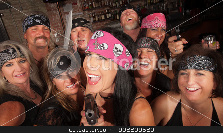 To use this stock image in your creative project, please select the size you need over to the right and click the "Add to Cart" button.
Your downloaded image will come with the Cutcaster watermark removed so don’t worry about the watermark you see on this page. Laughing Gang Members in Bar stock photo, Laughing motorcycle gang members pointing pistols in a bar by Scott Griessel