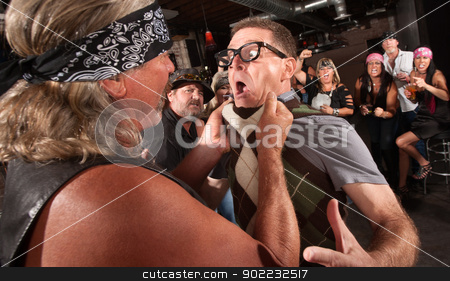 To use this stock image in your creative project, please select the size you need over to the right and click the "Add to Cart" button.
Your downloaded image will come with the Cutcaster watermark removed so don’t worry about the watermark you see on this page. Gang Member Grabs Nerd stock photo, Nerd grabbed by collar in bar fight with tough gang member by Scott Griessel