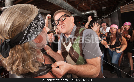 To use this stock image in your creative project, please select the size you need over to the right and click the "Add to Cart" button.
Your downloaded image will come with the Cutcaster watermark removed so don’t worry about the watermark you see on this page. Mad Nerd Fighting Back stock photo, Outraged nerd grabbing gang member by the jacket in bar by Scott Griessel