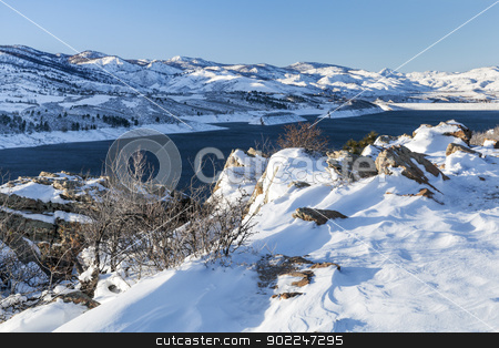 To use this stock image in your creative project, please select the size you need over to the right and click the "Add to Cart" button.
Your downloaded image will come with the Cutcaster watermark removed so don’t worry about the watermark you see on this page. mountain reservoir and dam stock photo, snow covered trail - Horsetooth Reservoir and dam at Rocky Mountains foothills near Fort Collins, Colorado, winter scenery by Marek Uliasz