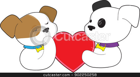 To use this stock image in your creative project, please select the size you need over to the right and click the "Add to Cart" button.
Your downloaded image will come with the Cutcaster watermark removed so don’t worry about the watermark you see on this page. Puppies and Heart stock vector clipart, Two puppies, one with eyes closed and the other with eyes open, hold a large red heart between them. by Maria Bell