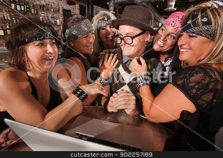 To use this stock image in your creative project, please select the size you need over to the right and click the "Add to Cart" button.
Your downloaded image will come with the Cutcaster watermark removed so don’t worry about the watermark you see on this page. Biker Women Flirting with Computer Geek stock photo, Motorcycle gang members flirting with happy nerd on laptop by Scott Griessel