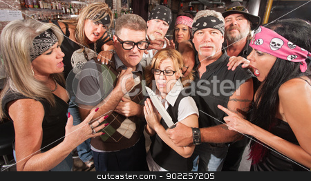 To use this stock image in your creative project, please select the size you need over to the right and click the "Add to Cart" button.
Your downloaded image will come with the Cutcaster watermark removed so don’t worry about the watermark you see on this page. Nerd Couple Robbed by Gang stock photo, Motorcycle gang robbing Caucasian nerd couple in bar by Scott Griessel