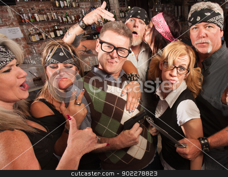 To use this stock image in your creative project, please select the size you need over to the right and click the "Add to Cart" button.
Your downloaded image will come with the Cutcaster watermark removed so don’t worry about the watermark you see on this page. Cool Nerds with Biker Gang stock photo, Nerd husband and wife being cool with biker gang in bar by Scott Griessel
