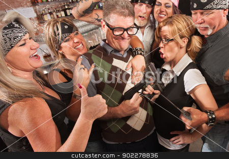 To use this stock image in your creative project, please select the size you need over to the right and click the "Add to Cart" button.
Your downloaded image will come with the Cutcaster watermark removed so don’t worry about the watermark you see on this page. Nerds and Thugs Comparing Weapons stock photo, Nerds and motorcycle gang comparing weapon sizes in bar by Scott Griessel