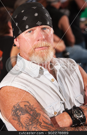 To use this stock image in your creative project, please select the size you need over to the right and click the "Add to Cart" button.
Your downloaded image will come with the Cutcaster watermark removed so don’t worry about the watermark you see on this page. Serious Mature Thug stock photo, Serious male gang member with folded arms by Scott Griessel