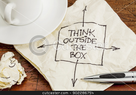 To use this stock image in your creative project, please select the size you need over to the right and click the "Add to Cart" button.
Your downloaded image will come with the Cutcaster watermark removed so don’t worry about the watermark you see on this page. think outside the box stock photo, think outside the box - black pen drawing on a cocktail napkin with a coffee cup on a table by Marek Uliasz