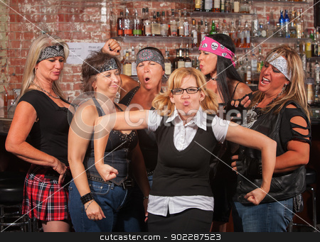 To use this stock image in your creative project, please select the size you need over to the right and click the "Add to Cart" button.
Your downloaded image will come with the Cutcaster watermark removed so don’t worry about the watermark you see on this page. Female Gang Laughing at Funny Nerd stock photo, Female motorcycle gang laughing at nerd in bar by Scott Griessel