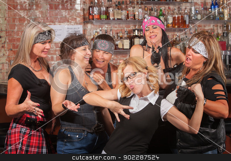 To use this stock image in your creative project, please select the size you need over to the right and click the "Add to Cart" button.
Your downloaded image will come with the Cutcaster watermark removed so don’t worry about the watermark you see on this page. Nerd Showing Off For Female Gang stock photo, Nerd flexes muscles for tough female gang in bar by Scott Griessel