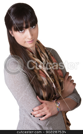 To use this stock image in your creative project, please select the size you need over to the right and click the "Add to Cart" button.
Your downloaded image will come with the Cutcaster watermark removed so don’t worry about the watermark you see on this page. Lady with Folded Arms stock photo, Serious young Hispanic female with folded arms over white by Scott Griessel