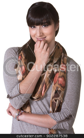 To use this stock image in your creative project, please select the size you need over to the right and click the "Add to Cart" button.
Your downloaded image will come with the Cutcaster watermark removed so don’t worry about the watermark you see on this page. Curious Young Woman stock photo, Curious young woman with fingers on chin over isolated background by Scott Griessel
