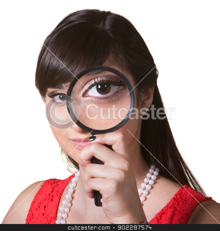 To use this stock image in your creative project, please select the size you need over to the right and click the "Add to Cart" button.
Your downloaded image will come with the Cutcaster watermark removed so don’t worry about the watermark you see on this page. Woman with Magnifying Glass stock photo, Cute young woman holding a magnifying glass over her eye by Scott Griessel