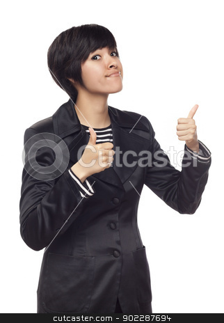 To use this stock image in your creative project, please select the size you need over to the right and click the "Add to Cart" button.
Your downloaded image will come with the Cutcaster watermark removed so don’t worry about the watermark you see on this page. Happy Young Mixed Race Woman With Thumbs Up on White stock photo, Happy Young Mixed Race Woman With Two Thumbs Up Isolated on a White Background. by Andy Dean