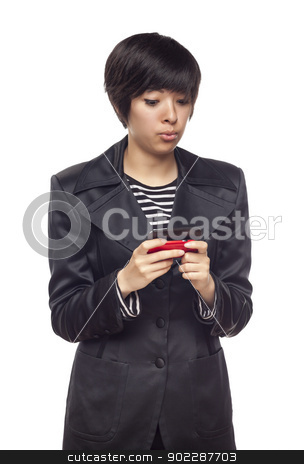 To use this stock image in your creative project, please select the size you need over to the right and click the "Add to Cart" button.
Your downloaded image will come with the Cutcaster watermark removed so don’t worry about the watermark you see on this page. Expressive Mixed Race Woman with Cell Phone on White stock photo, Attractive and Expressive Mixed Race Woman with Cell Phone Isolated on a White Background. by Andy Dean