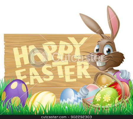 To use this stock image in your creative project, please select the size you need over to the right and click the "Add to Cart" button.
Your downloaded image will come with the Cutcaster watermark removed so don’t worry about the watermark you see on this page. Happy Easter Sign Bunny stock vector clipart, An Easter rabbit with a basket of chocolate Easter eggs next to a sign that says Happy Easter by Christos Georghiou