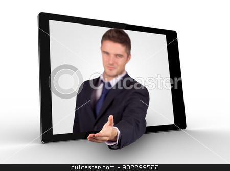 To use this stock image in your creative project, please select the size you need over to the right and click the "Add to Cart" button.
Your downloaded image will come with the Cutcaster watermark removed so don’t worry about the watermark you see on this page. Businessman reaching out from tablet for a handshake stock photo, Businessman reaching out from tablet for a handshake on white background by Wavebreak Media